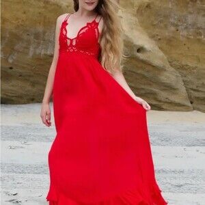 NWT Free People Adella Maxi Slip Bright Red Cherry Red Dress XS
